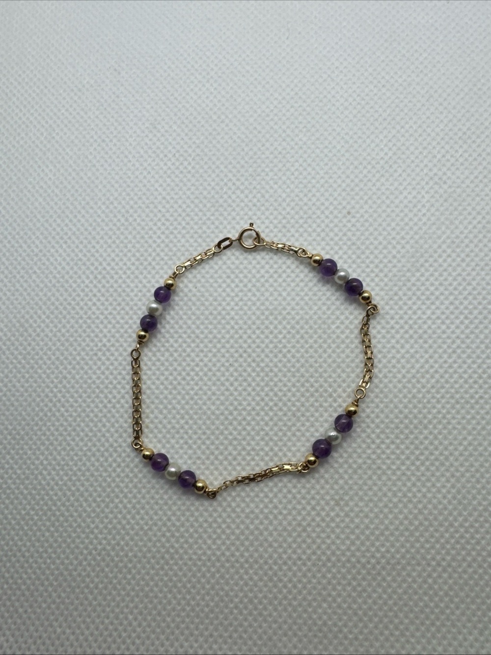 14k Yellow Gold Gemstone Amethyst Pearl Round Beaded Chain Bracelet Bead 6.5”